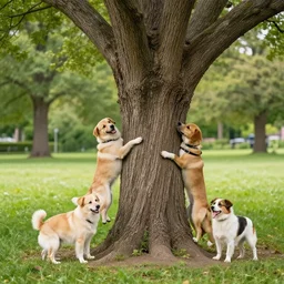doggos becoming a tree in the park, funny, photorealistic