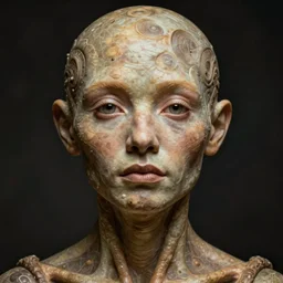 a beautiful portrait of organic humanoid | one character | front close - up face | looking straight ahead | front, full body, volumetric, symetrical close up, octane render, ultra details, by peter mohrbacher, zaha hadi