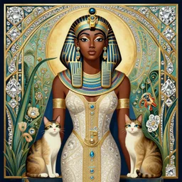 a brown skinned black woman, with two cats, elegant, intricate, digital painting, smooth, sharp focus, illustration, salvador dali, ancient egypt, art deco, garden, diamonds