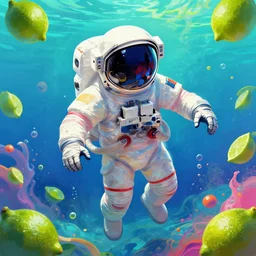 a digital painting of a skeleton astronaut with a broken helmet floating in a bright colorful alien ocean surrounded by limes!!!!!!, sharp focus, retro futuristic by todd schorr