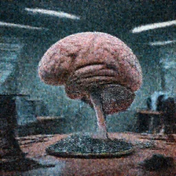 a brain floats inside an office, Ethernet cables, computer motherboards, scary, dark, magic surrealism