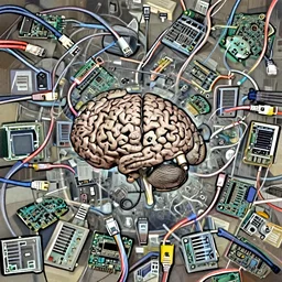 a brain floats inside an office, Ethernet cables, computer motherboards, scary, dark, magic surrealism