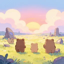 cute bears in apocalyptic wasteland, sugar wasteland, soft clouds, soft colours, pastel colours, sunset, watercolour illustration
