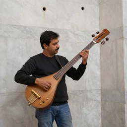 A man playing a gutair in a house with marble walls that has a high hole in one, HD, intricate detail, High resolution, 4k