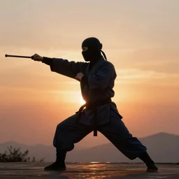 a ninja practicing karate in front of a sunrise