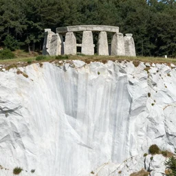white marble cliff with a stone henge on top in a mediterranean forest uplight