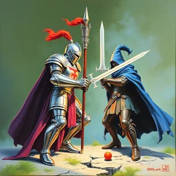 1 9 7 9 retro fantasy box art nes. commodore 6 4. knight vs wizard. a 2 4. artgerm. low detail. keith parkinson. oil on canvas