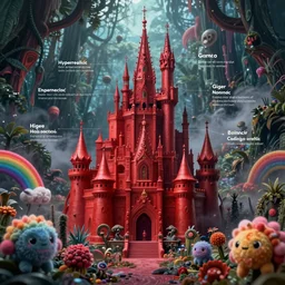 info graphic map of a beautiful red Hyperrealistic Giger tall royal castle in the middle of a dark scary smokey surreal jungle, creepy cute rainbow fluffy creatures, macro lens, shallow depth of field, highly detailed, digital painting, trending artstation, concept art, vibrant colors, illustration, cinematic lighting, vibrant colors, photorealism, epic, octane render