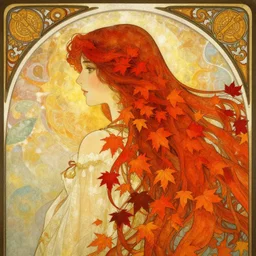 girl with super long hair, hair becoming autumn red leaves, art by artgerm and greg rutkowski and alphonse mucha