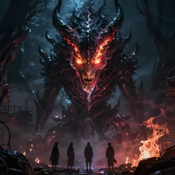 a nightmarish mysterious demonic creature, dark and gloomy, glowing vibrant eyes of fire, translucent neon, cinematic by tsutomu nihei, by emil melmoth, gustave dore, craig mullins, yoji shinkawa, stephen gammell