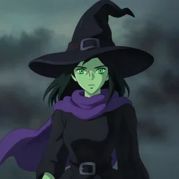 green skin female witch wearing a black witch hat, jet black hair, bright green eyes and pale greenish skin, purple scarf around her neck, simple black dress, detailed perfect face, exquisite details, mid view, design on a dark foggy background, by studio muti, greg rutkowski makoto shinkai takashi takeuchi studio ghibli