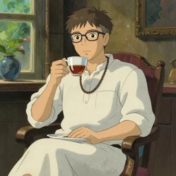drawing of Bill Gates crossdressing in linen dress while drinking tea, in the style of studio ghibli and Konstantin Razumov, fine details, high quality