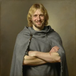 a man in his 4 0 s with blonde hair and a friendly smiling face and scars on his arms. he is wearing a tattered grey cloak. portrait painting by artgerm and greg rutkowski and alphonse mucha.