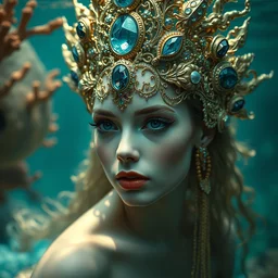 portrait of beautiful underwater mermaid by irakli nadar with intricate detailed ornate headdress made of gold and gems stones, coral reefs, haunting, elite, elegant, melting wax, mycelia, abstract impressionism, ruan jia, dark fantasy, hyper detailed, concept art, by gustav klimt, photography