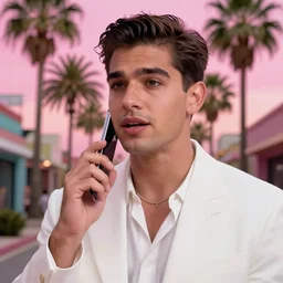 photorealistic closeup on a yuppie with white suits talking in a cellprov. 8 0's style. palm trees and pink sky in the background. art by krzysztof tanajewski