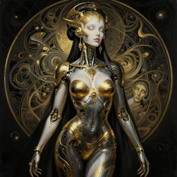 extremely psychedelic beautiful cyborg queen of lsd infected by night. intricate, elegant, highly detailed, extremely lifelike photorealistic digital painting, artstation. steichen, gaston bussiere, tom bagshaw, cyberpunk alphonse mucha. dark pallet, powerful. anatomically correct in every way. sultry. sharp focus. gold and black with white accents. very very lifelike