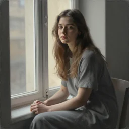 by sandra chevrier chestnut, slate grey hyperdetailed. a installation art of a beautiful young woman seated at a window, looking out at the viewer with a serene expression on her face. the light from the window illuminates her features & creates a warm, inviting atmosphere. the essence of beauty & tranquility.