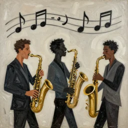 3 jazz musicians, head and shoulders playing with musical notes as abstract art in the style of Stuart Davis, texture, matte illustration
