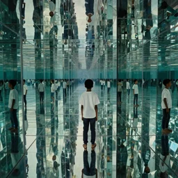 a breathtaking 8 k resolution matte painting of a black boy lost inside a vast and endless four dimensional hall of mirrors, in a surreal psychedelic style, by m. c. escher and alex grey and android jones