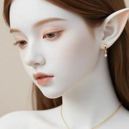 a close - up product photo, elf girl with soft white skin, gold jewelry, hyperrealism, look at the details