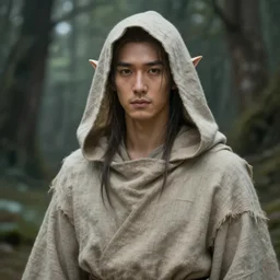 beautiful, digital art, portrait painting of a male elf wizard, wearing linen hooded cloth. forest background. artstation, by jisu choe