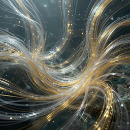 millions of thin threads of translucent gold and silver unravel and twist and flow underwater in a fast current, fantasy, magic, unreal engine