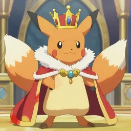 one pokemon in anime cartoon style with features of a fox wearing a royal outfit including a crown