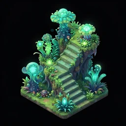 3 d mobile game asset is an isometric staircase with an organic isometric design based on bioluminescent alien - like plants inspired by the avatar's bioluminescent alien nature. around the stair, we can see plants that glow in the dark. all in isometric perspective and semi - realistic style item is in a black background