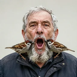 portrait of an elderly man, sparrows nesting in his beard, screaming, bold natural colors, national geographic photography, masterpiece, 8 k, raw, unedited, symmetrical balance