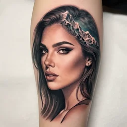 amazing blend effect of a beautiful woman face next to mighty mountains, tattoo design sketch, hyper - realistic, in the style of matteo pasqualin, amazing detail, black and white