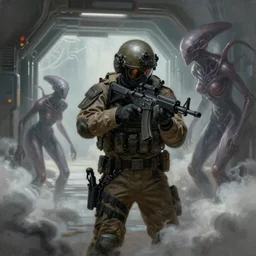 ultra realist and ultra intricate detailed soft painting of a futuristic soldier, military, aiming his rifle down a hallway at an approaching xenonorph, sensual gloomy style, volumetric clouds, artstation, unreal render, depth of field