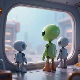 high quality presentation photo of cute alien robots inside a retro flying saucer looking outide through large windows, photography 4k, full body, f1.8 anamorphic, bokeh, 4k, Canon, Nikon