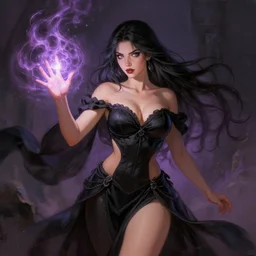 a voluptious sorceress with cleavage, tiny waist and wide hips, wearing black clothes and casting a powerful spell, painted by LeraPI, SFW, trending on ArtStation