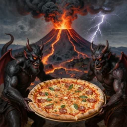 masked demons grabbing a large pizza!!!, in the background is a volcano spewing lava and black smoke, streams of glowing hot lava, flashes of lightning in the distance. wide angle, long shot, an ultrafine detailed painting by raffaello sanzio, deviantart, pop surrealism