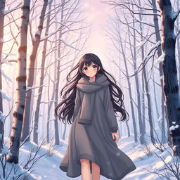 full - body anime girl by davinci walking through very scenic snowy forest, upper - body beautiful extremely detailed illustration, stunning face and eyes, pretty, by naoko yamada, makoto shinkai, pixiv gelbooru danbooru