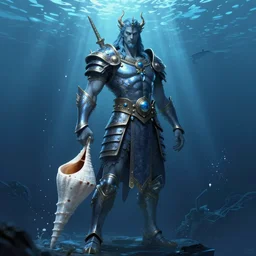 poseidon god, wearing oceanic ornamented armor, conch armor, full body concept, blue tone, beksinski, edward hooper, ruan jia