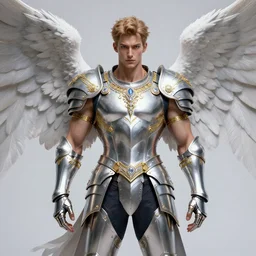 a beautiful muscular symmetrical male angel wearing a silver armor with golden ornaments and diamonds jewelry by alex gray and android jones, karol bak, ayami kojima, amano, concept art, character design, fantasy, 3 d, 8 k resolution