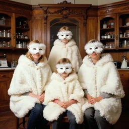realistic photo portrait of the family, white carnival fluffy mask, wearing fluffy cotton cloaks, sitting in the spacious wooden polished and fancy expensive wooden laboratory interior room 1 9 9 0, life magazine reportage photo