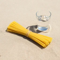 Spaghetti lying on the beach enjoying a glass of vodka