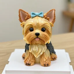 a beautiful sculpture of a very cute yorkshire terrier made out of cake.