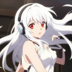 anime film still portrait of a japanese young woman, large, red eyes, white hair!!!!!, long, wearing wireless headphones, dynamic pose, fine face features, cute face by ilya kuvshinov, bakemonogatari, masakazu katsura, rimlight, anime cel shaded, 4 k, white hair long