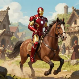 Iron Man riding a horse through a medieval village, digital art, detailed, featured on artstation