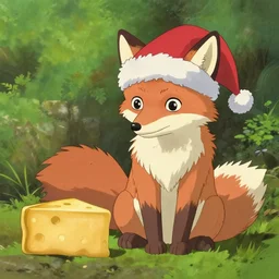 a fox wearing a christmas hat, sat next to some cheese, by studio ghibli