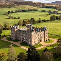 overhead shot, wide angle photograph of old brown hygge castle with elegant fancy architecture in idyllic rolling scottish fields, sunny