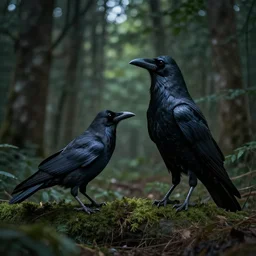 werecreature consisting of a crow and a human, photograph captured in a dark forest