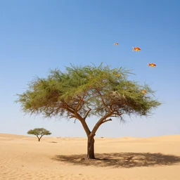 oasis in the desert, many goldfish fly in the sky