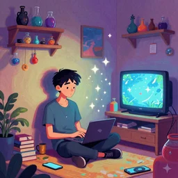 a skinny computer nerd guy sitting on the floor of his room, crossed legs, laptop, smartphone, video games, tv, books, potions, jars, shelves, knick knacks, tranquil, calm, sparkles in the air, magic aesthetic, fantasy aesthetic, colorful, whimsical aesthetic, by stanely artgerm, tom bagshaw, arthur adams, cane griffiths, trending on deviantart, street art, face enhance, chillwave, maximalist