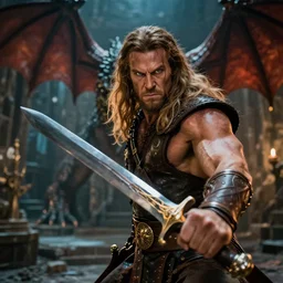closeup Photo of Conan the Barbarian with a sword fighting a fantasy dragon in a dungeon, rim lighting, octane, Natasha Tan, Maciej Kuciara, Edgar Rice Burroughs,