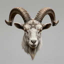 a realist rendered portrait of a human with a goat head with large curly horns and a pentagram on its forehead, empty background, unreal engine, octane cinema 4 d, devil, demonic, baphomet, pentagram