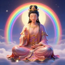 endless magical rainbow contented beautiful young woman bodhisattva, digital art
